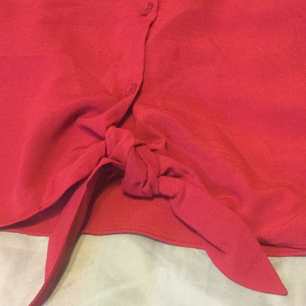 ❌DONATED❌Red Burgundy Knot Tie Button Down Collared V-neck Top - Picture 8 of 10